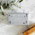 Dog Walkers Revival Soap on marble surface with wooden brush — illustrated dog walker gift by Sweet William Designs