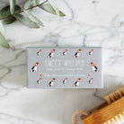 Close-up of Jack Russell soap packaging — Sweet William triple milled soap enriched with honey, illustrated Jack Russell repeat pattern