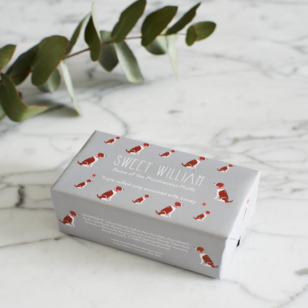 Liver & White Springer Spaniel triple milled soap on marble surface — honey-enriched luxury soap in Liver & White Springer Spaniel illustrated packaging by Sweet William Designs