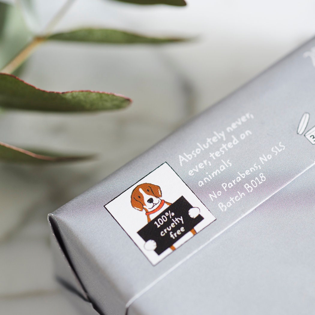 Close-up of Vizsla soap packaging showing cruelty-free label — no parabens, no SLS, never tested on animals, made in England