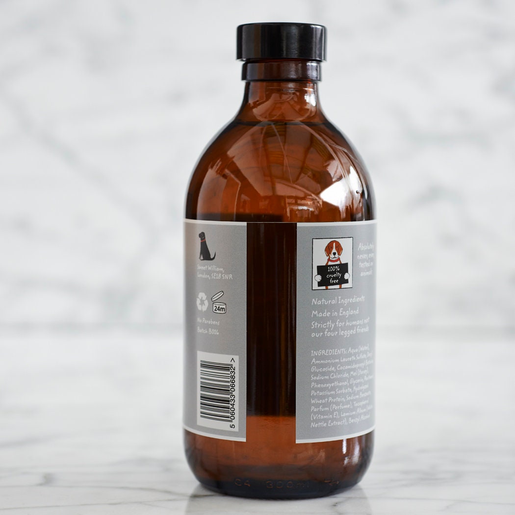 Dog Walkers Revival Bath Foam bottle showing back label — ingredients, cruelty-free details and Made in England, by Sweet William Designs