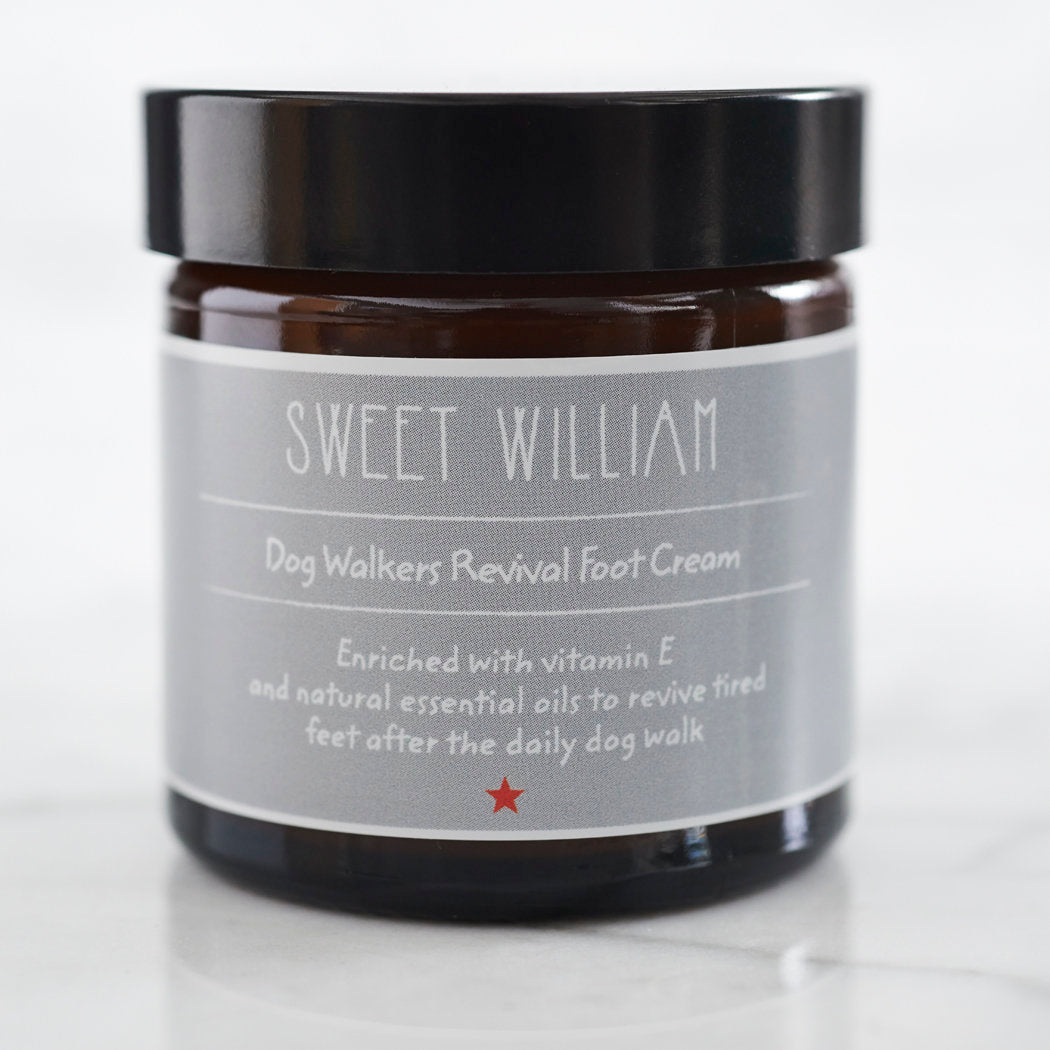 Close-up of Dog Walkers Revival Foot Cream front label — vitamin E and natural essential oils, gift for dog walkers by Sweet William Designs
