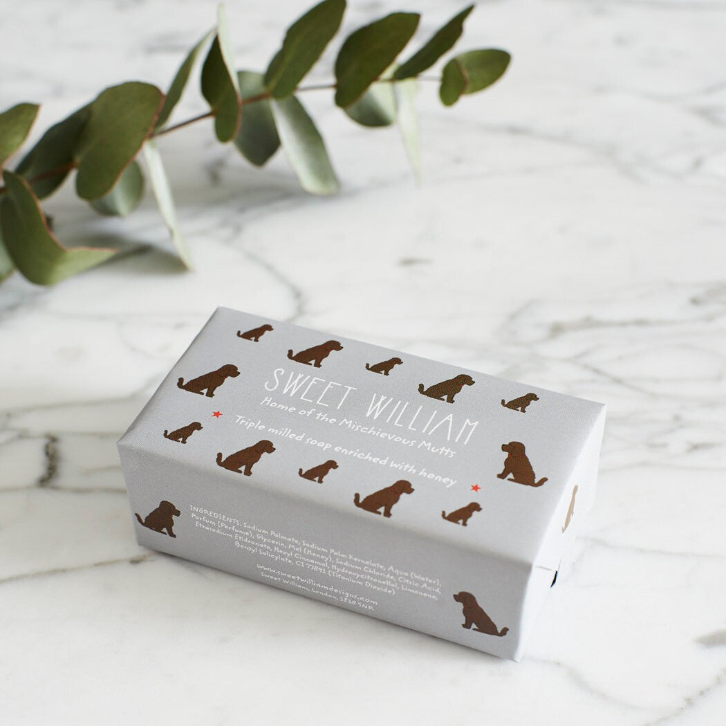 Chocolate Cockapoo / Labradoodle triple milled soap on marble surface — honey-enriched luxury soap in Chocolate Cockapoo / Labradoodle illustrated packaging by Sweet William Designs