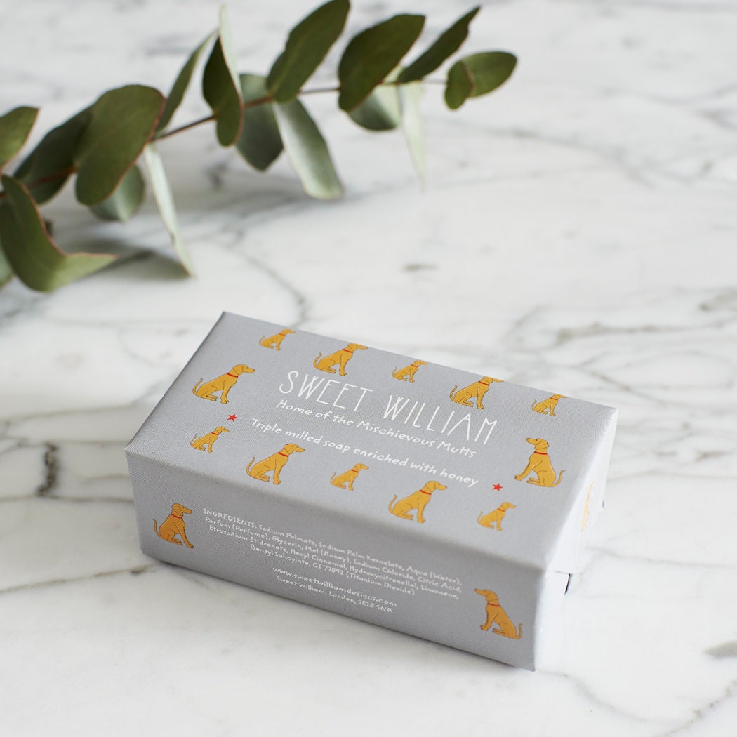 Vizsla triple milled soap on marble surface — honey-enriched luxury soap in Vizsla illustrated packaging by Sweet William Designs