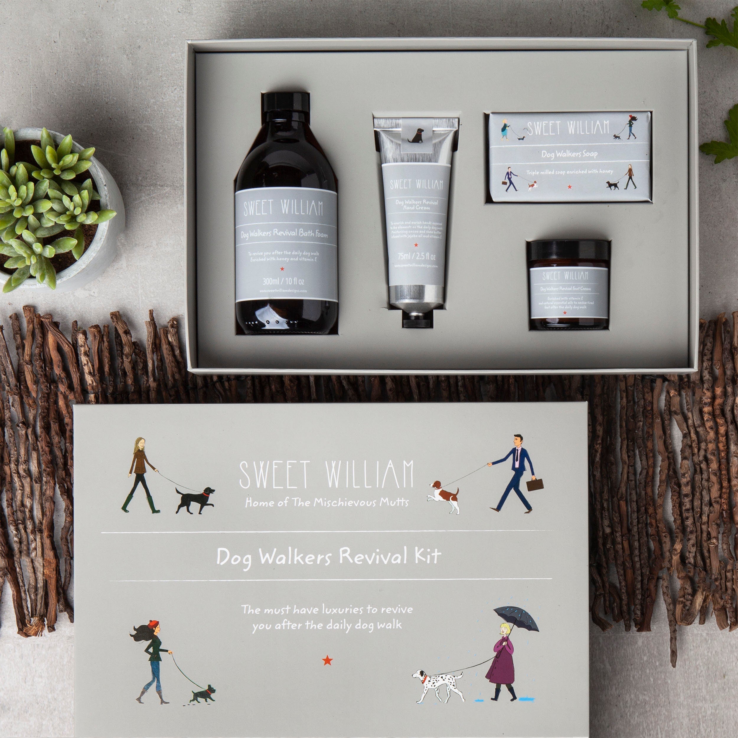Dog Walkers Revival Kit open gift box showing bath foam, hand cream, soap and foot cream — luxury dog walker gift set by Sweet William Designs