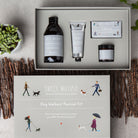 Dog Walkers Revival Kit open gift box showing bath foam, hand cream, soap and foot cream — luxury dog walker gift set by Sweet William Designs