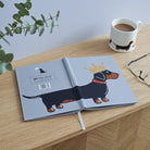 Dachshund notebook open to show wraparound cover design — thoughtful gift for Daxie lovers
