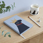 Black Labrador notebook on desk with matching mug — soft-touch A5 notebook with gold foil crown, dog lover gift by Sweet William Designs