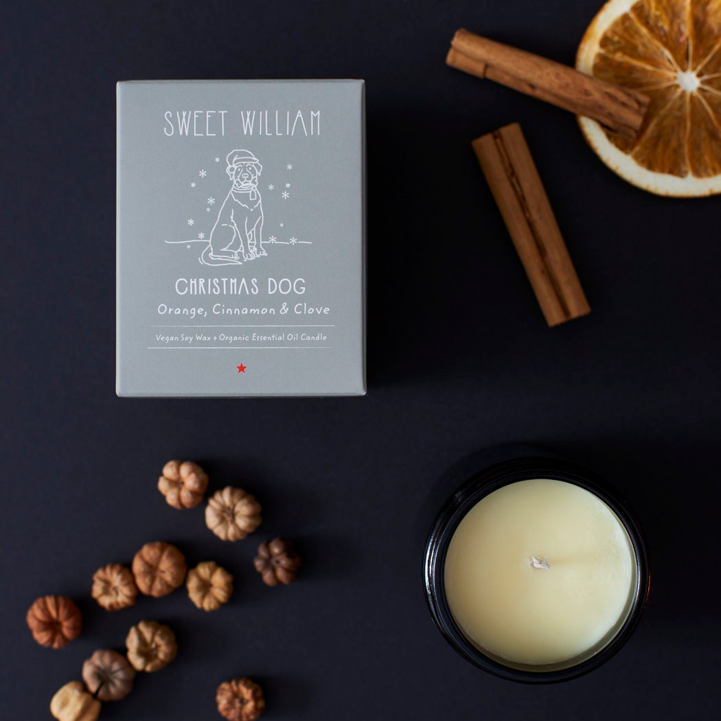Christmas Dog organic candle gift box and soy wax candle with orange, cinnamon and clove — vegan dog lover gift by Sweet William Designs