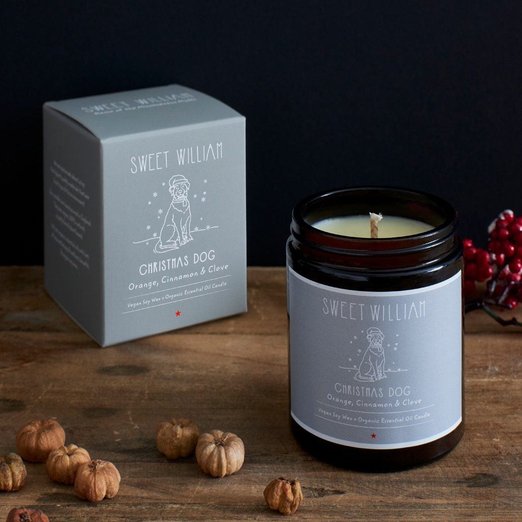 Christmas Dog organic candle in amber jar with gift box — orange, cinnamon and clove scent, vegan soy wax dog lover gift by Sweet William Designs