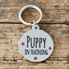 Close-up of 'Puppy In Training' dog tag — silver-plated brass with red star design, personalised dog ID tag by Sweet William Designs