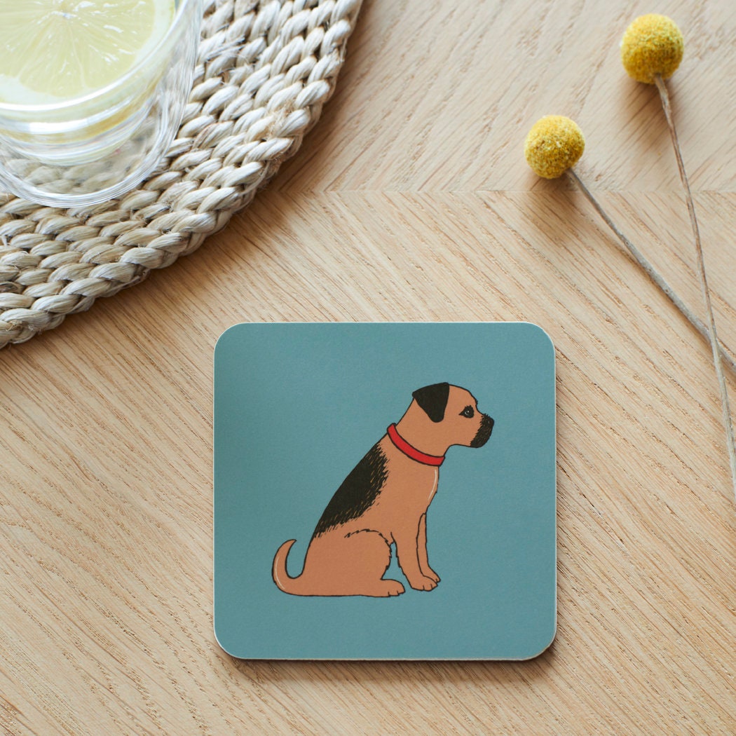 Close-up of Border Terrier coaster — sustainably sourced eucalyptus wood with cork backing, heat-resistant and easy to wipe clean