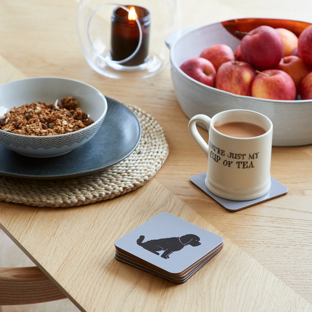 Black Cockapoo / Labradoodle coaster on desk — eucalyptus wood with cork backing, dog lover gift by Sweet William Designs 