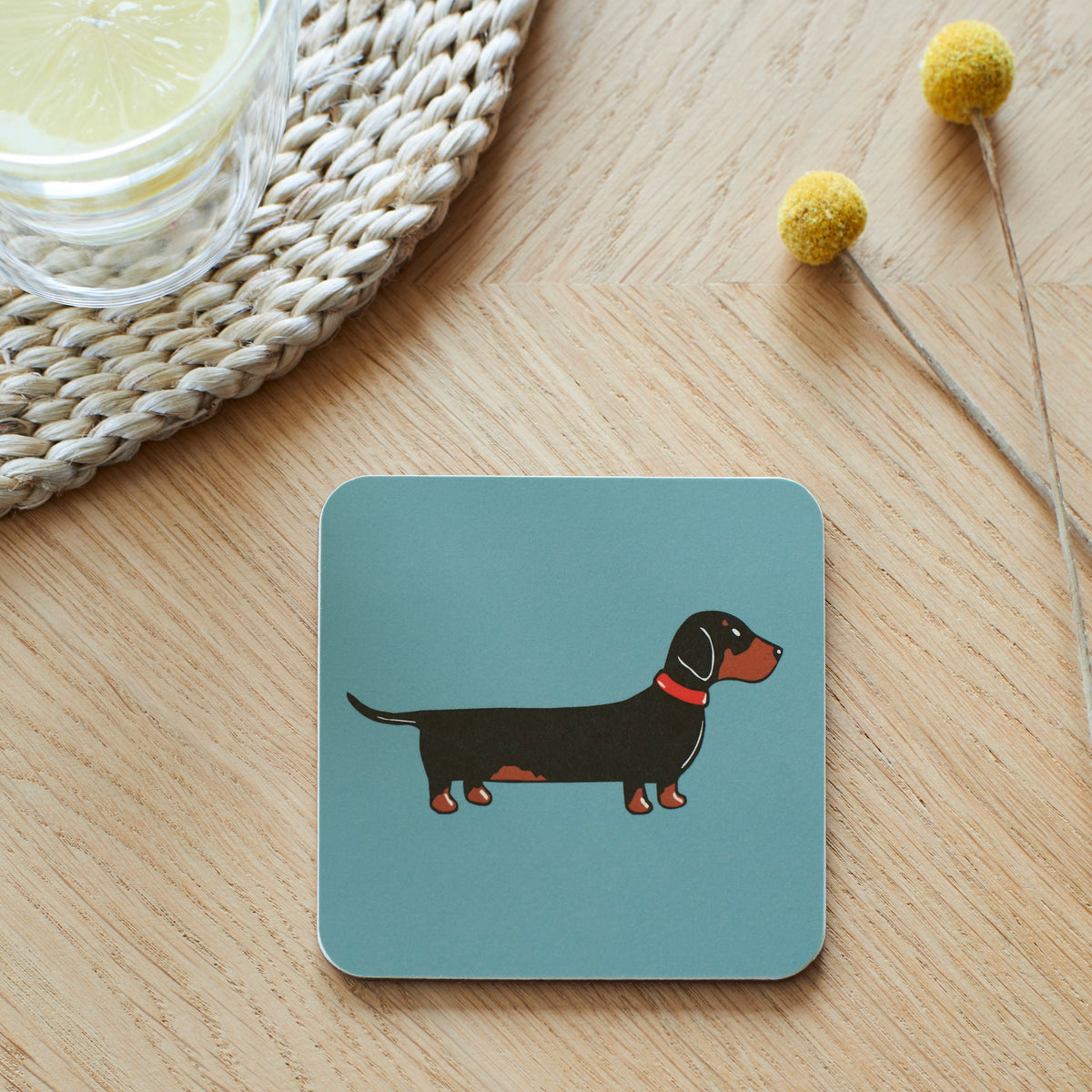 Close-up of Dachshund coaster — sustainably sourced eucalyptus wood with cork backing, heat-resistant and easy to wipe clean 
