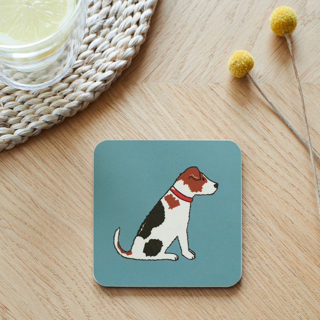 Close-up of Jack Russell coaster — sustainably sourced eucalyptus wood with cork backing, heat-resistant and easy to wipe clean 