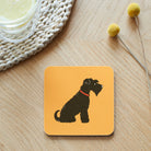 Close-up of Black Schnauzer coaster — sustainably sourced eucalyptus wood with cork backing, heat-resistant and easy to wipe clean 