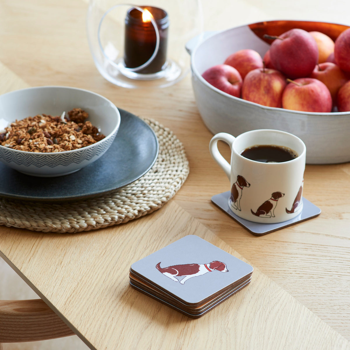 Liver & White Springer Spaniel coaster on desk — eucalyptus wood with cork backing, dog lover gift by Sweet William Designs