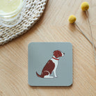 Close-up of Liver & White Springer Spaniel coaster — sustainably sourced eucalyptus wood with cork backing, heat-resistant and easy to wipe clean 