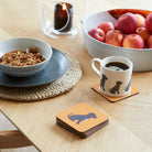 Staffie coaster on desk — eucalyptus wood with cork backing, dog lover gift by Sweet William Designs