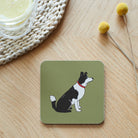 Close-up of Border Collie coaster — sustainably sourced eucalyptus wood with cork backing, heat-resistant and easy to wipe clean