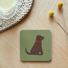 Close-up of Chocolate Labrador coaster — sustainably sourced eucalyptus wood with cork backing, heat-resistant and easy to wipe clean