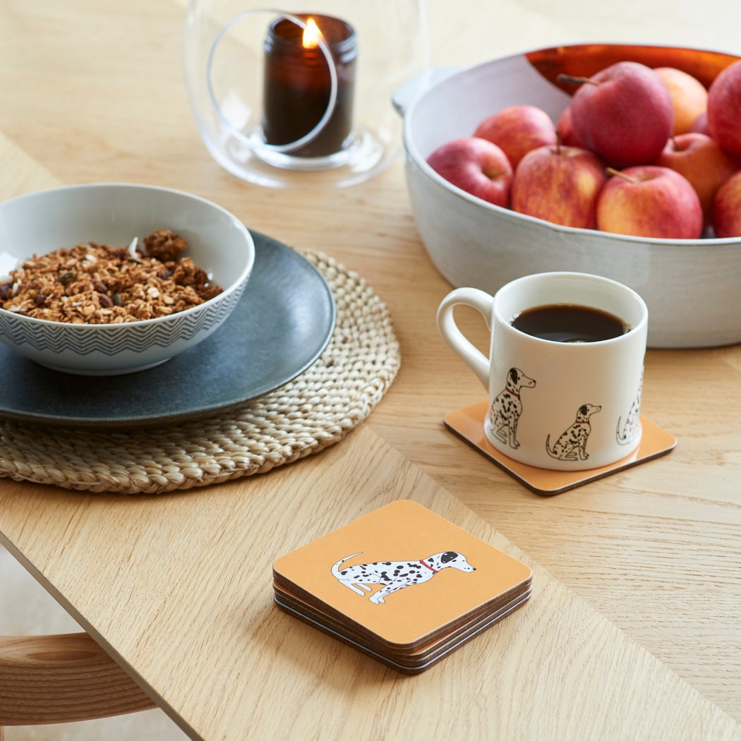 Dalmatian coaster on desk — eucalyptus wood with cork backing, dog lover gift by Sweet William Designs