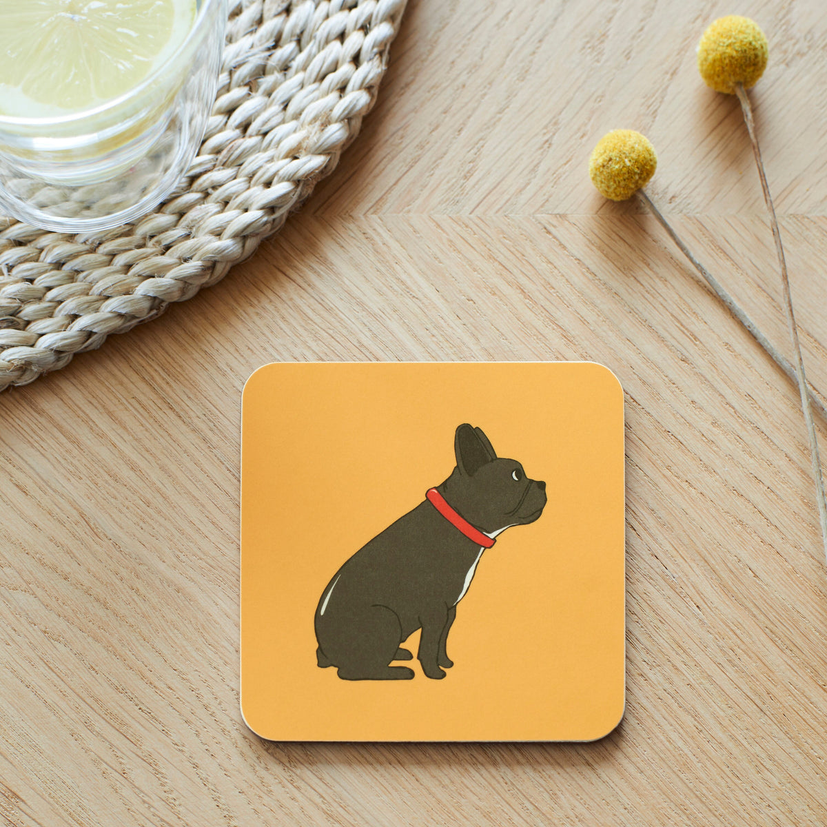 Close-up of French Bulldog coaster — sustainably sourced eucalyptus wood with cork backing, heat-resistant and easy to wipe clean