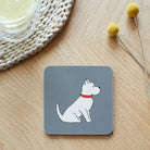 Close-up of Westie coaster — sustainably sourced eucalyptus wood with cork backing, heat-resistant and easy to wipe clean 