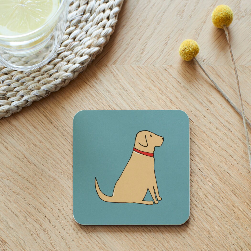 Close-up of Yellow Labrador coaster — sustainably sourced eucalyptus wood with cork backing, heat-resistant and easy to wipe clean