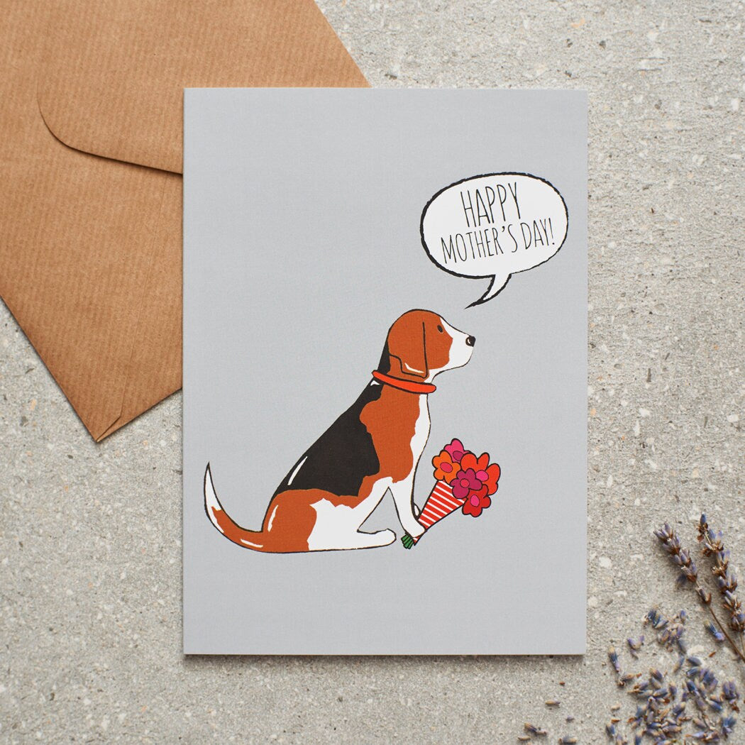 Beagle Mother's Day card featuring illustrated Beagle holding flowers — blank inside with optional handwritten message, perfect gift for dog mums