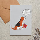 Beagle Mother's Day card featuring illustrated Beagle holding flowers — blank inside with optional handwritten message, perfect gift for dog mums