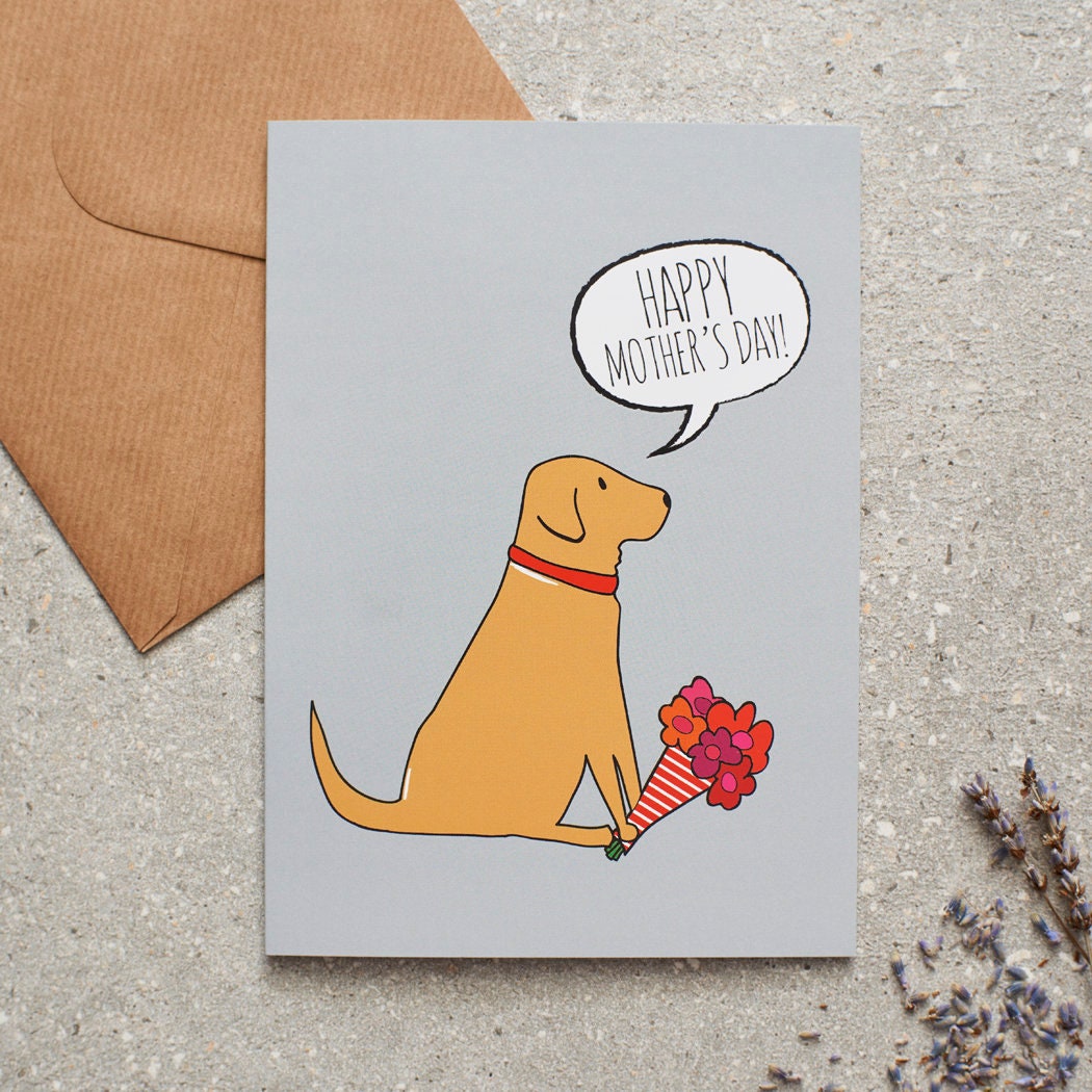 Fox Red Labrador Mother's Day card featuring illustrated Fox Red Labrador holding flowers — blank inside with optional handwritten message, perfect gift for dog mums