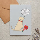Yellow Labrador Mother's Day card featuring illustrated Yellow Labrador holding flowers — blank inside with optional handwritten message, perfect gift for dog mums