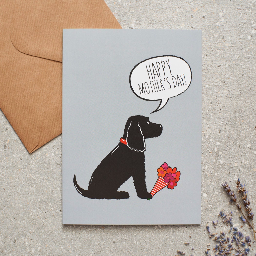 Cocker Spaniel (Black) Mother's Day card featuring illustrated Black Cocker Spaniel holding flowers — blank inside, supplied with kraft envelope, by Sweet William Designs