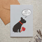 French Bulldog Mother's Day card featuring illustrated French Bulldog holding flowers — blank inside with optional handwritten message, perfect gift for dog mums
