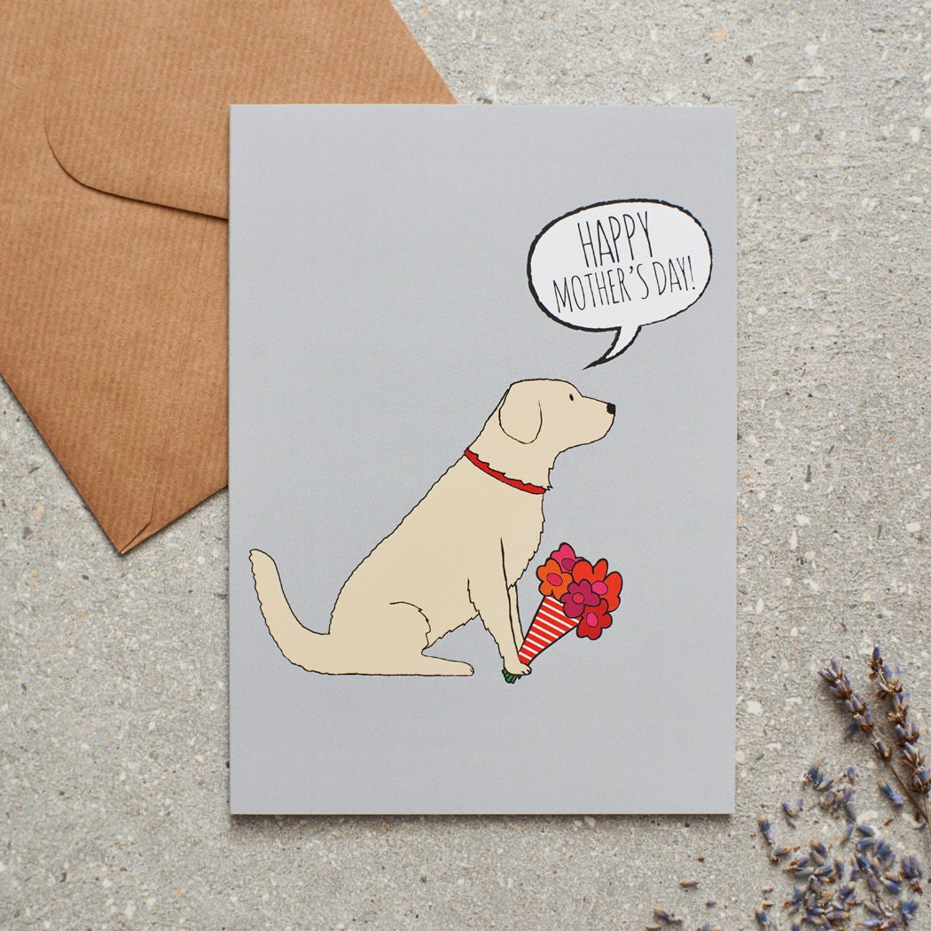 Golden Retriever Mother's Day card featuring illustrated Golden Retriever holding flowers — blank inside with optional handwritten message, perfect gift for dog mums