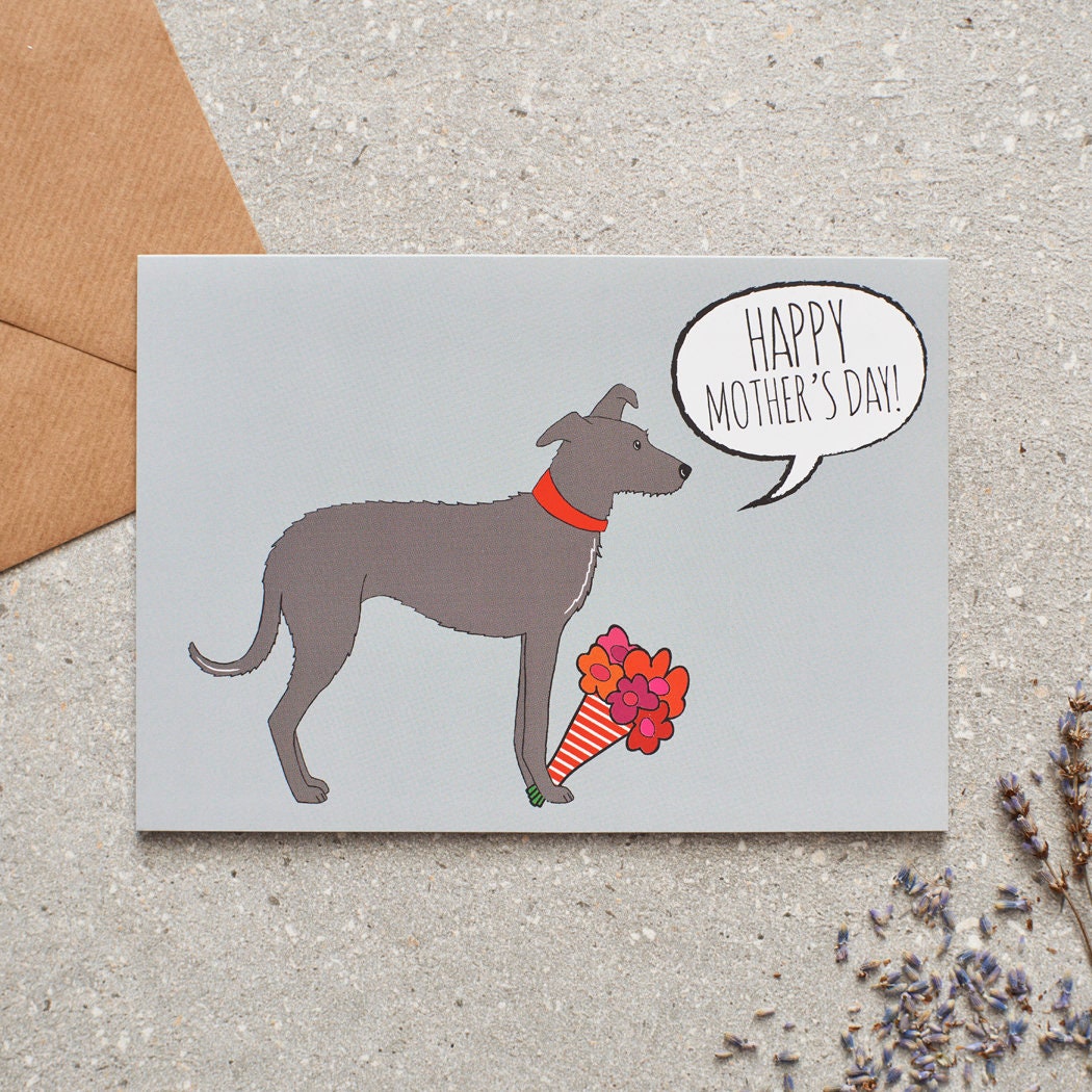 Lurcher Mother's Day card featuring illustrated Lurcher holding flowers — blank inside with optional handwritten message, perfect gift for dog mums