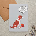 Springer Spaniel Mother's Day card featuring illustrated Liver & White Springer Spaniel holding flowers — blank inside with optional handwritten message, perfect gift for dog mums