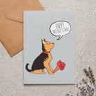 Yorkshire Terrier Mother's Day card featuring illustrated Yorkshire Terrier holding flowers — blank inside with optional handwritten message, perfect gift for dog mums