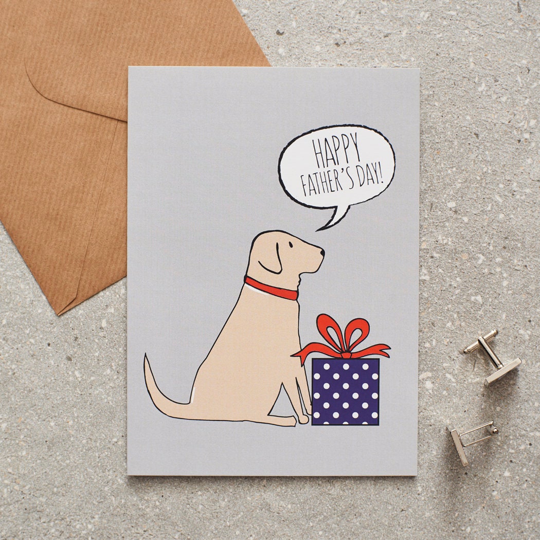 Yellow Labrador Father's Day card — illustrated dog with gift and 'Happy Father's Day' message, dog lover gift by Sweet William Designs