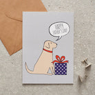 Yellow Labrador Father's Day card — illustrated dog with gift and 'Happy Father's Day' message, dog lover gift by Sweet William Designs