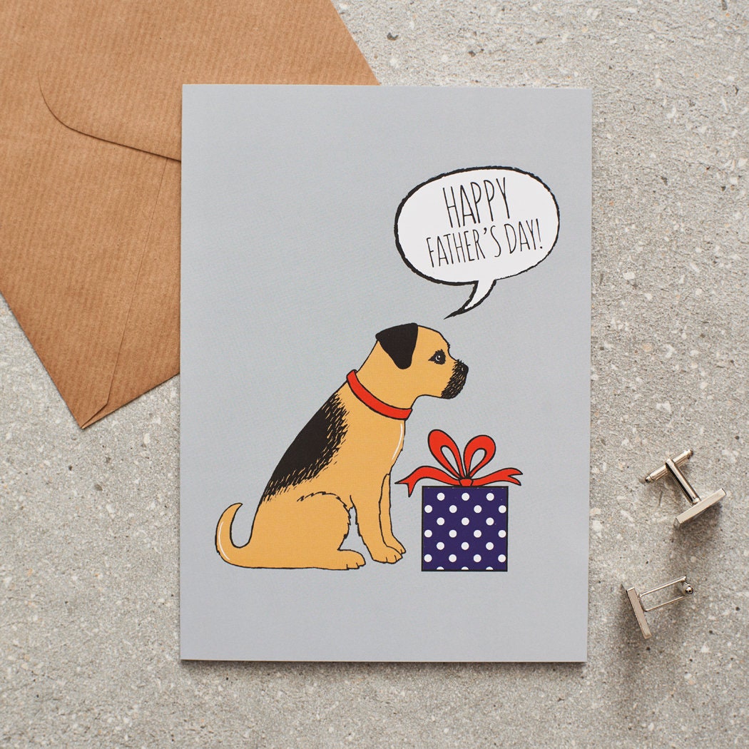 Border Terrier Father's Day card — illustrated dog with gift and 'Happy Father's Day' message, dog lover gift by Sweet William Designs