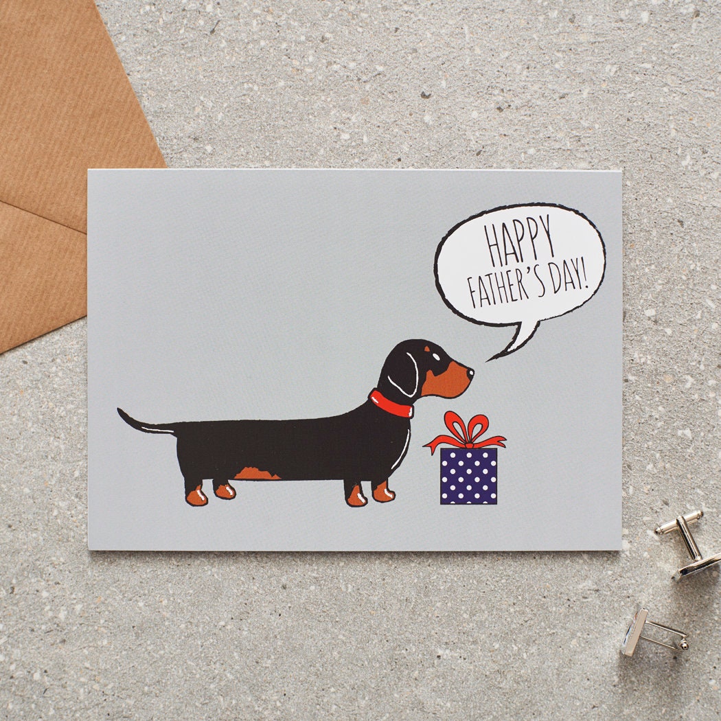 Dachshund / Sausage Dog Father's Day card — illustrated dog with gift and 'Happy Father's Day' message, dog lover gift by Sweet William Designs