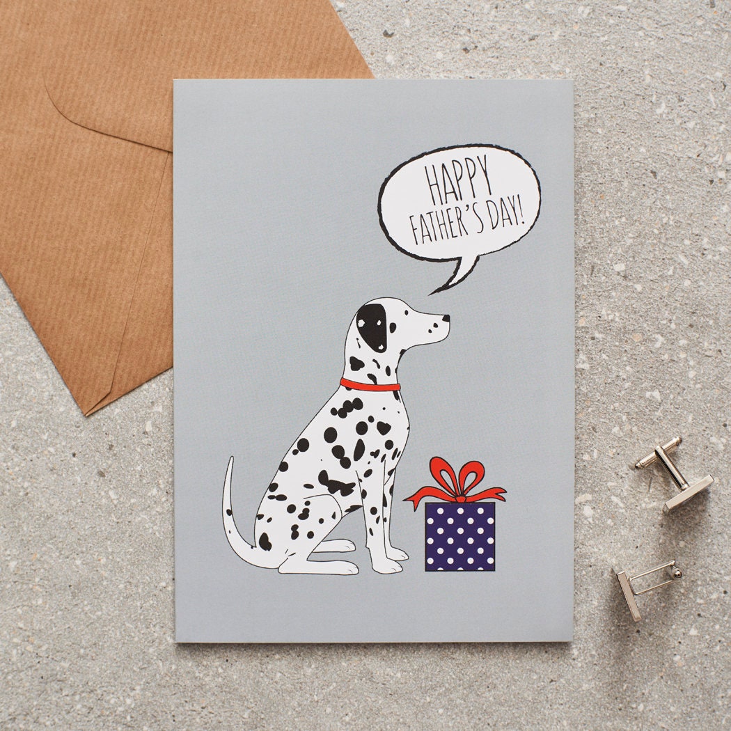 Dalmatian Father's Day card — illustrated dog with gift and 'Happy Father's Day' message, dog lover gift by Sweet William Designs