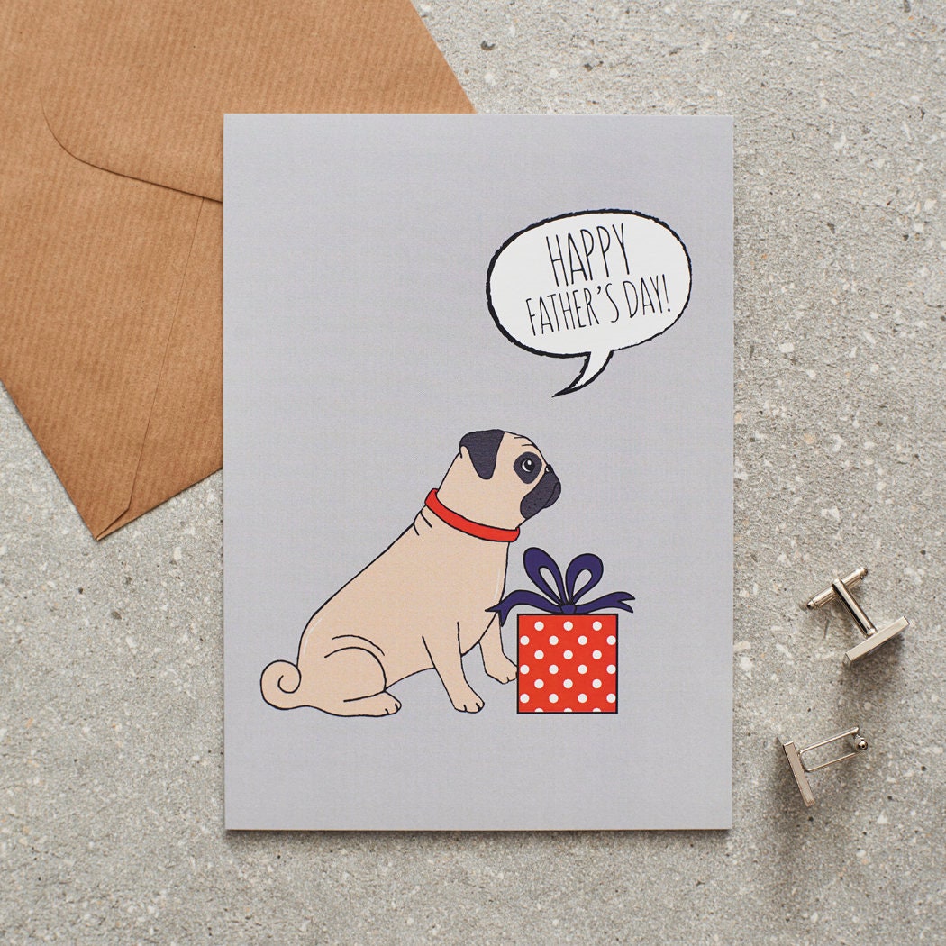 Pug Father's Day card — illustrated dog with gift and 'Happy Father's Day' message, dog lover gift by Sweet William Designs