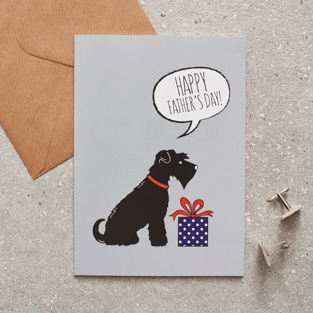Black Schnauzer Father's Day card — illustrated dog with gift and 'Happy Father's Day' message, dog lover gift by Sweet William Designs