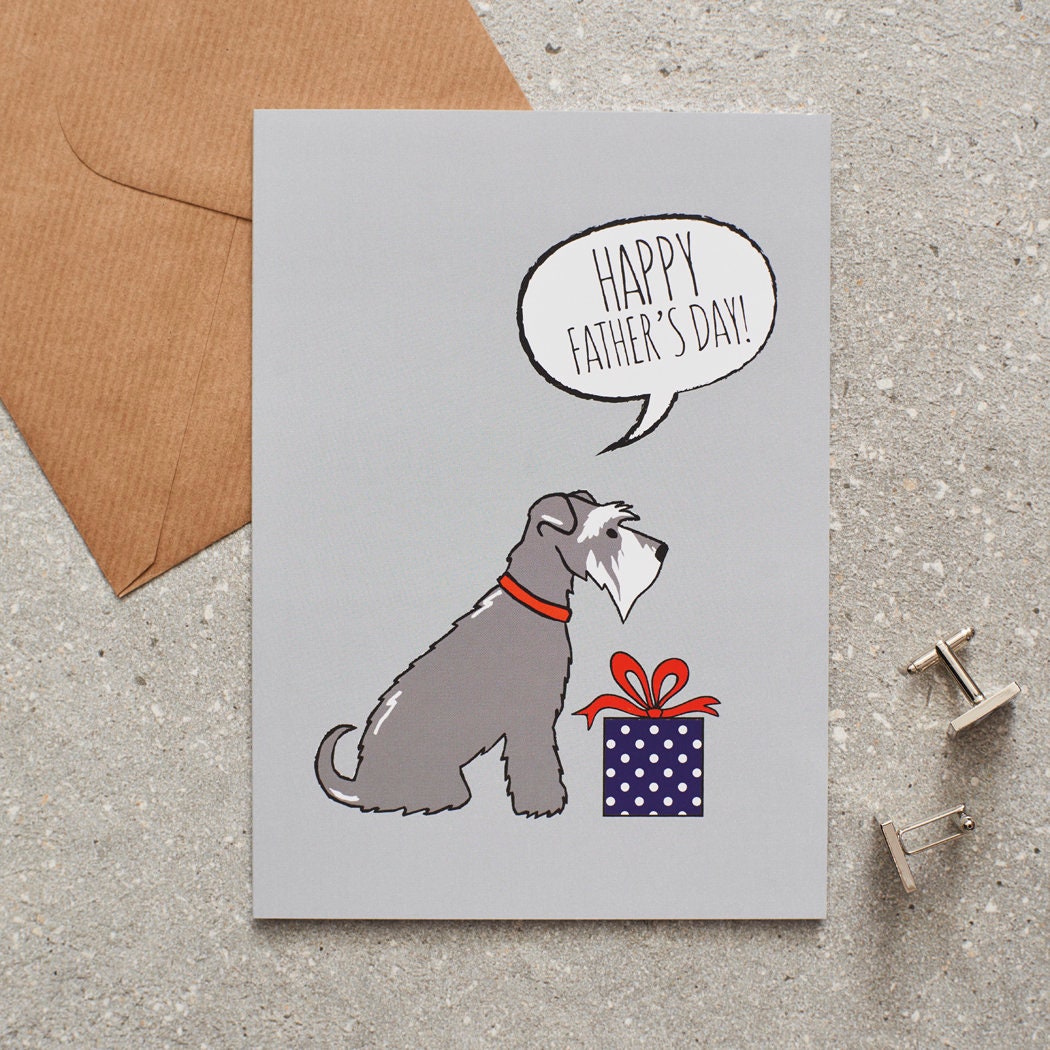 Grey Schnauzer Father's Day card — illustrated dog with gift and 'Happy Father's Day' message, dog lover gift by Sweet William Designs