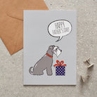 Grey Schnauzer Father's Day card — illustrated dog with gift and 'Happy Father's Day' message, dog lover gift by Sweet William Designs