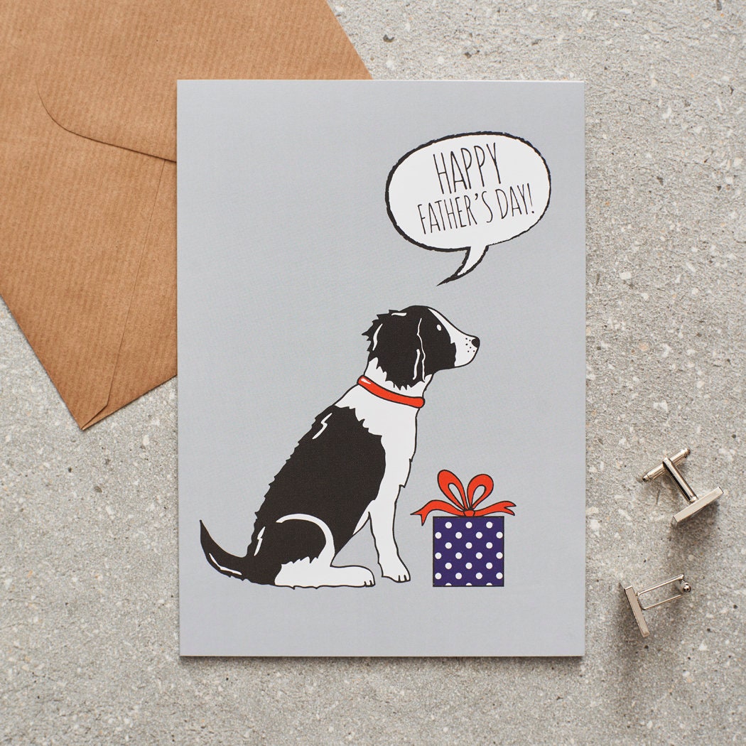 Springer Spaniel (Black & White) Father's Day card — illustrated dog with gift and 'Happy Father's Day' message, dog lover gift by Sweet William Designs
