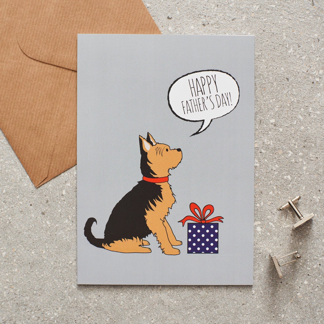 Yorkshire Terrier Father's Day card — illustrated Yorkie with gift and 'Happy Father's Day' message, dog lover gift by Sweet William Designs
